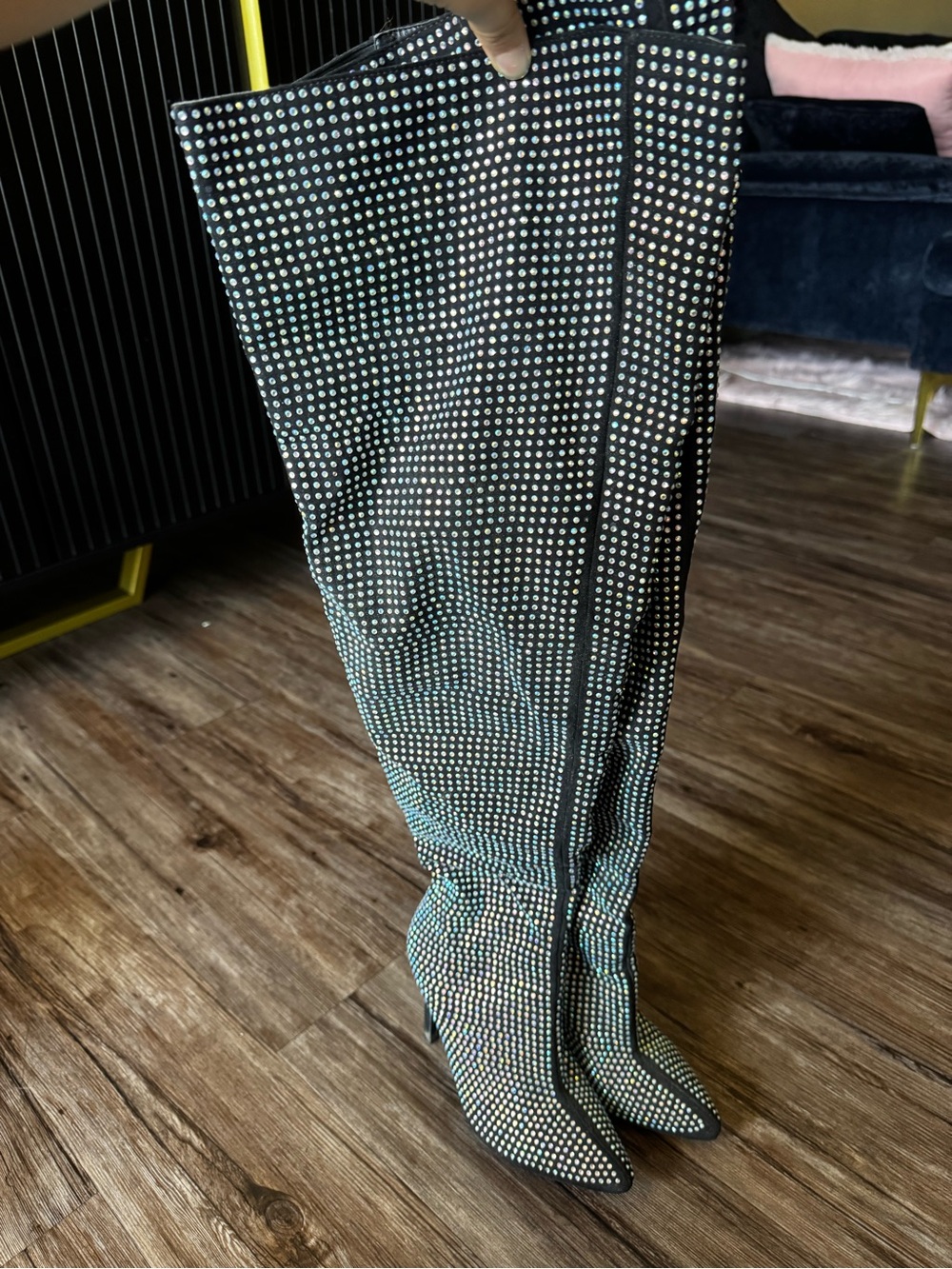 Anne Michelle Black Crystal-Studded Over-the-Knee Boots